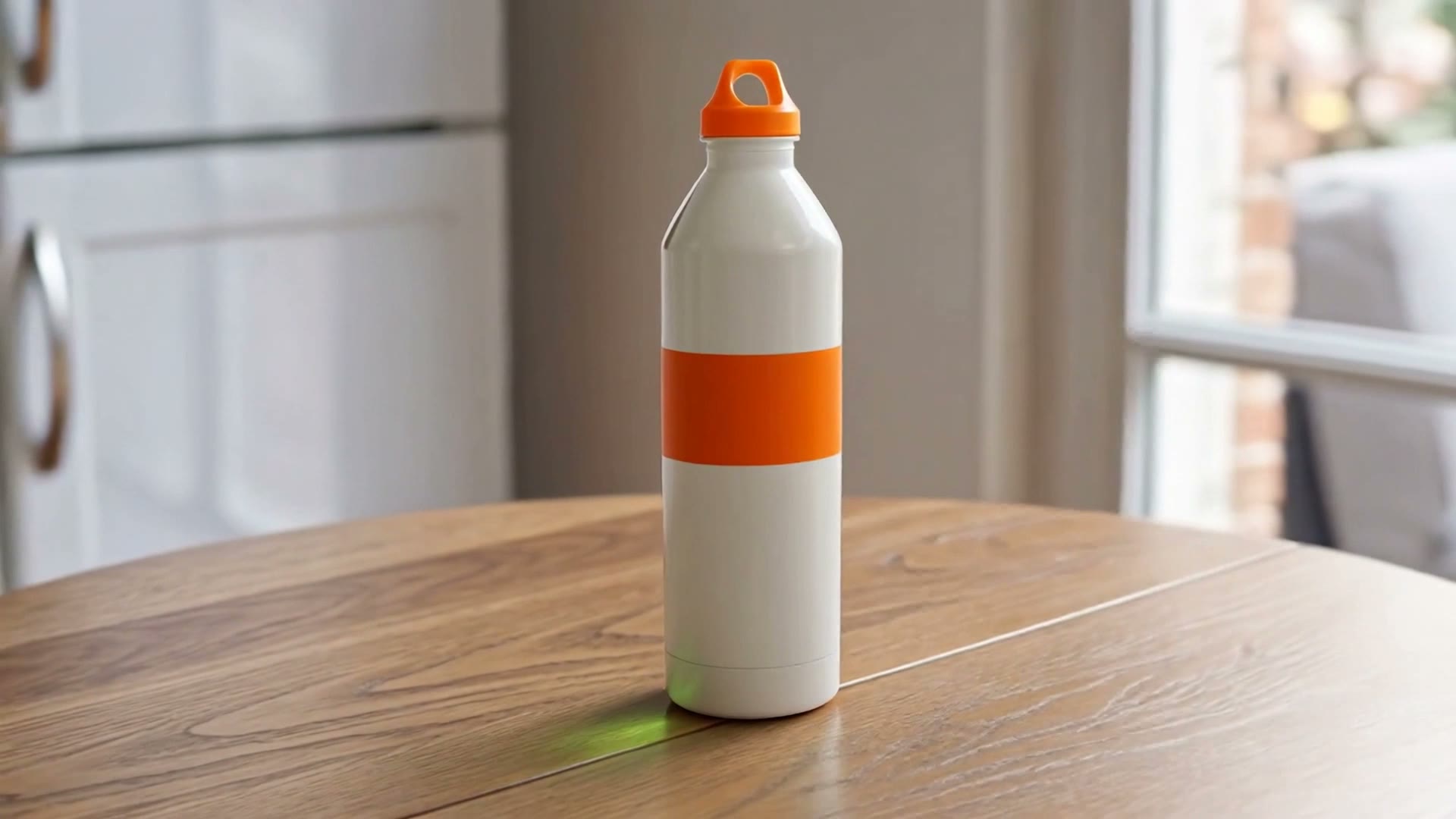A white bottle with an orange cap and an orange stripe stands on a wooden table in a bright kitchen, with a faint green glow on the table at its base.
