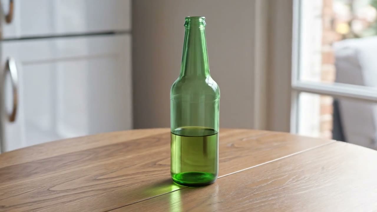 The original clip: a half-full green glass bottle stands on a wooden table in front of white cabinets and a window.